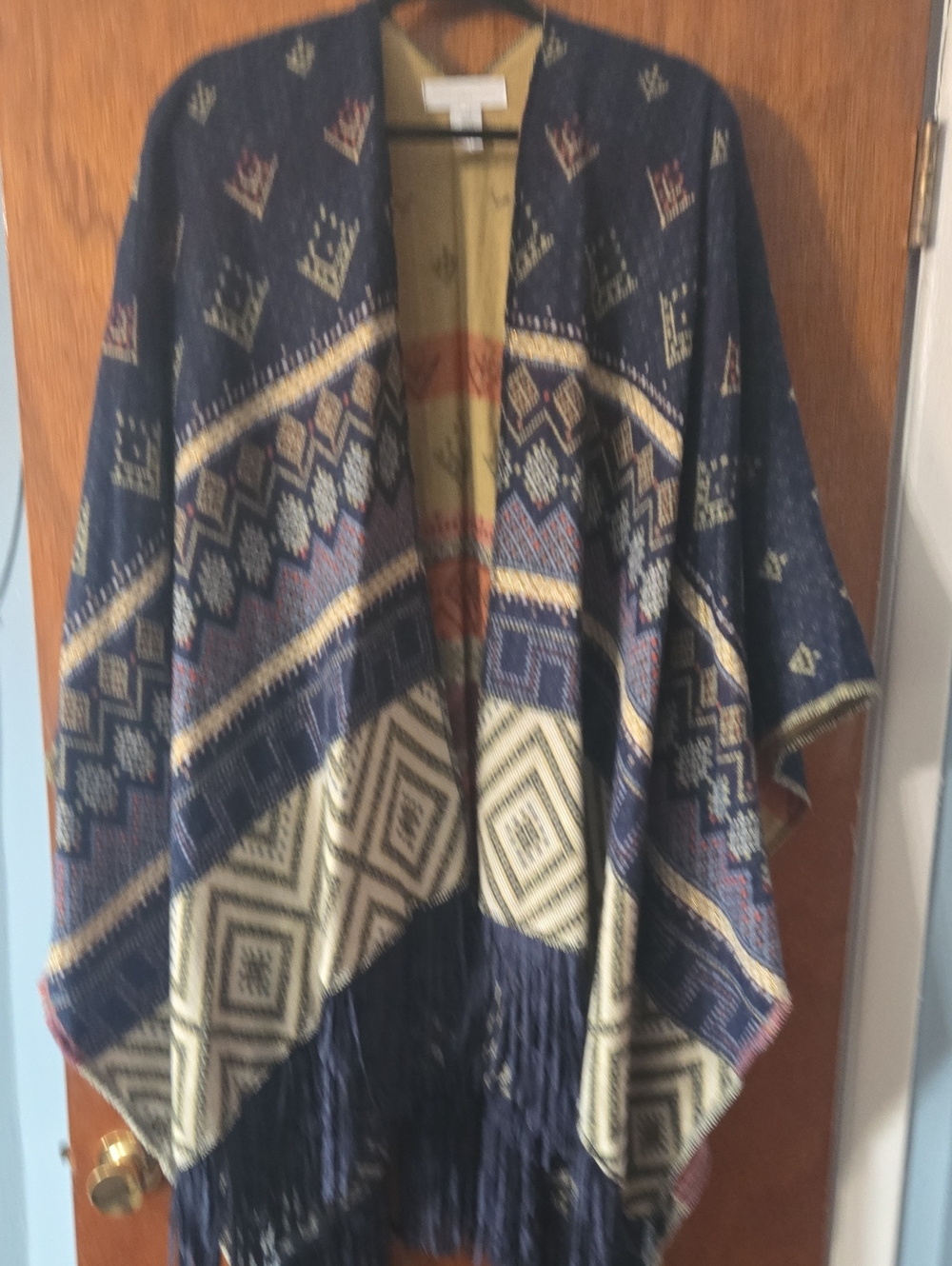 Adrienne Vittadini Navy Geometric Fringe Poncho